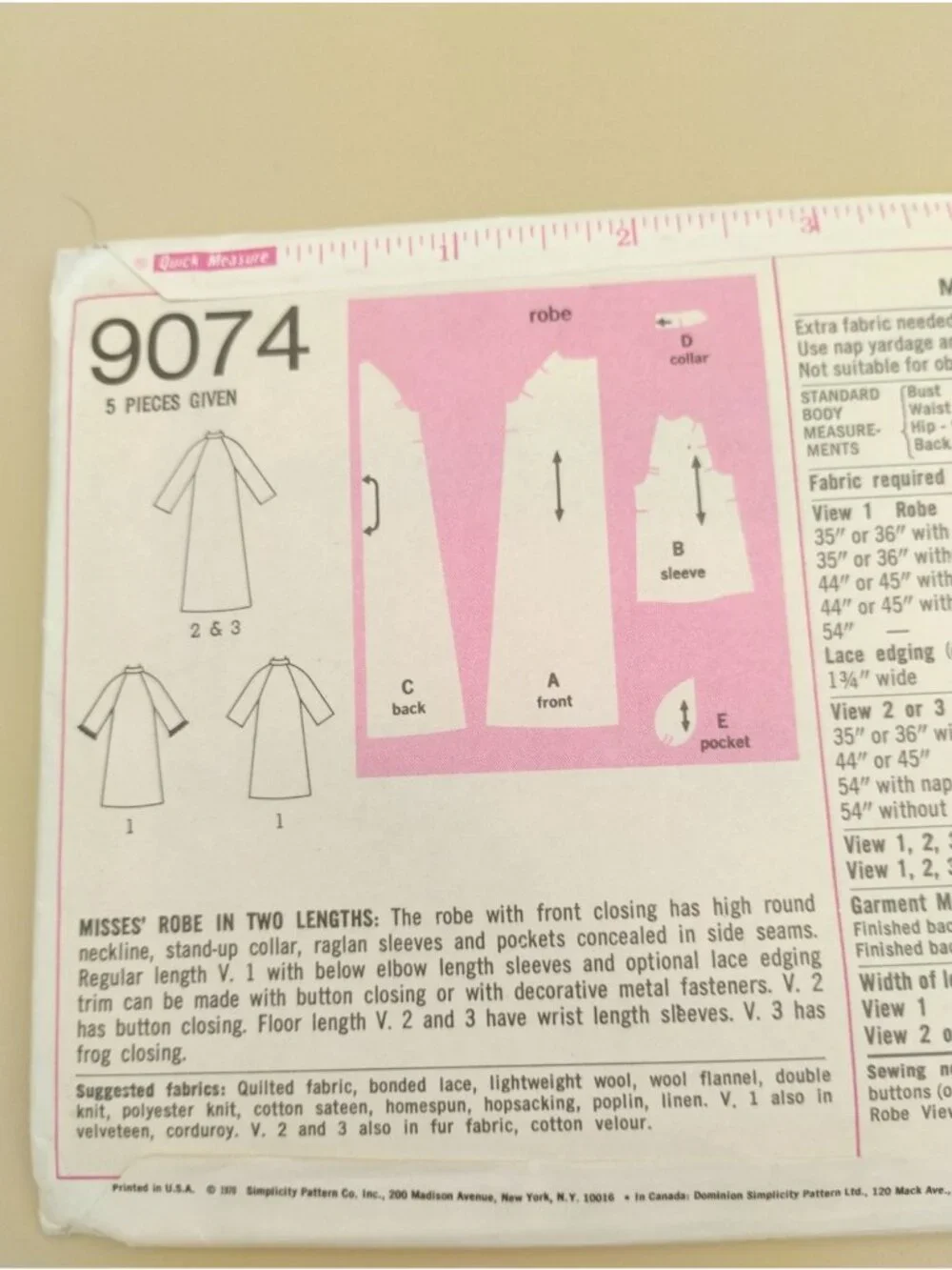 Simplicity 9074 Misses Robe Sewing Pattern Size 14 Bust 36 Two Length 1970s Vtg